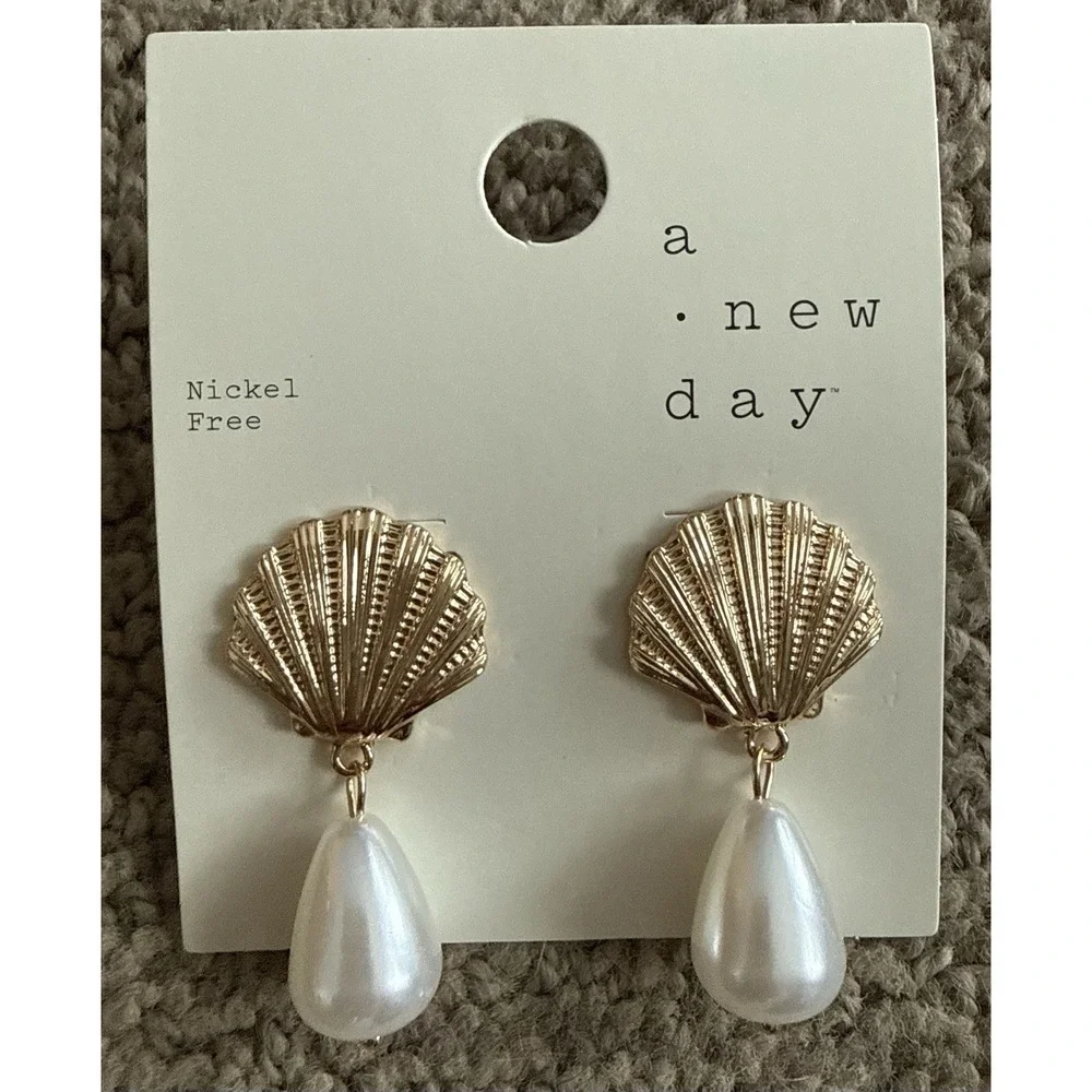 Gold Shell Post Pearl Drop Earrings - Nickel Free- A New Day™